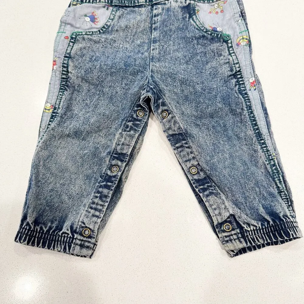 Vtg OshKosh B'Gosh USA Made Acid Wash Overalls 24 Months 3D Bugs sz 18 mo.